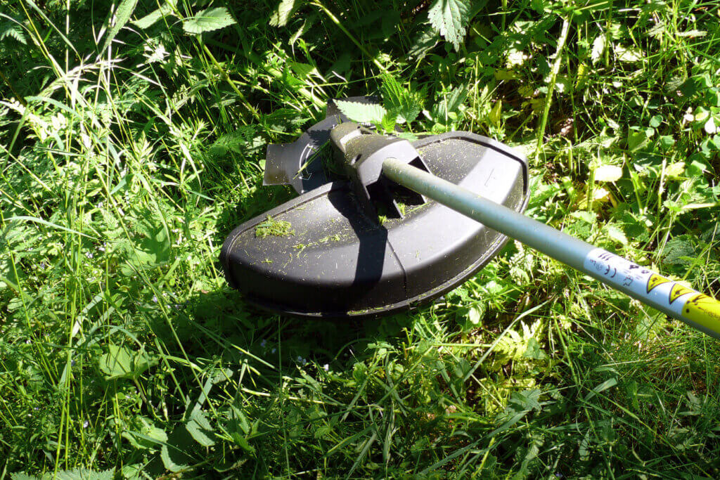 Cordless lawn trimmer in tall grass