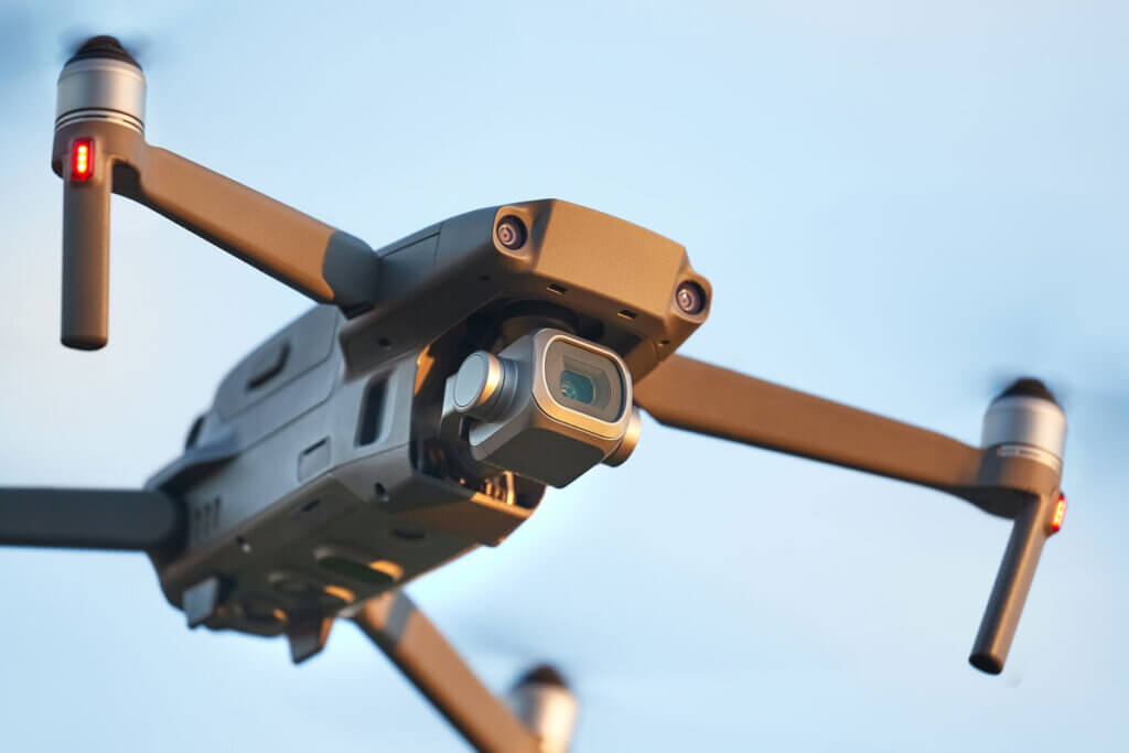 Close up of a camera drone in the air