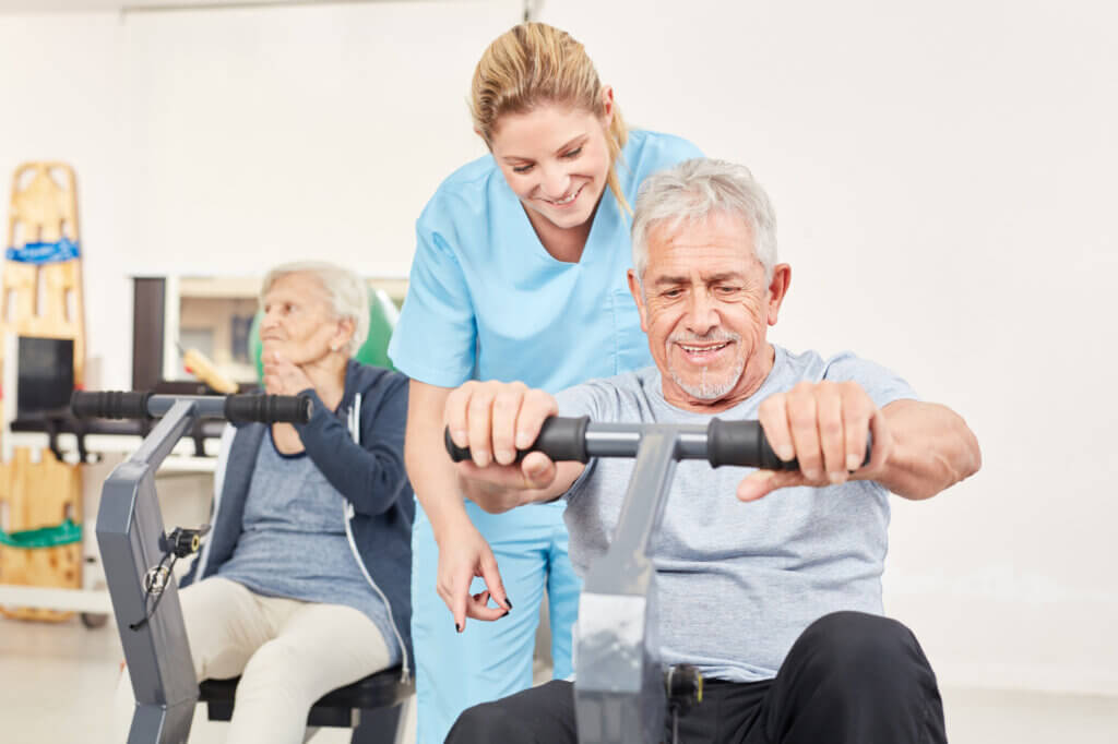 seniors train with exercise bike