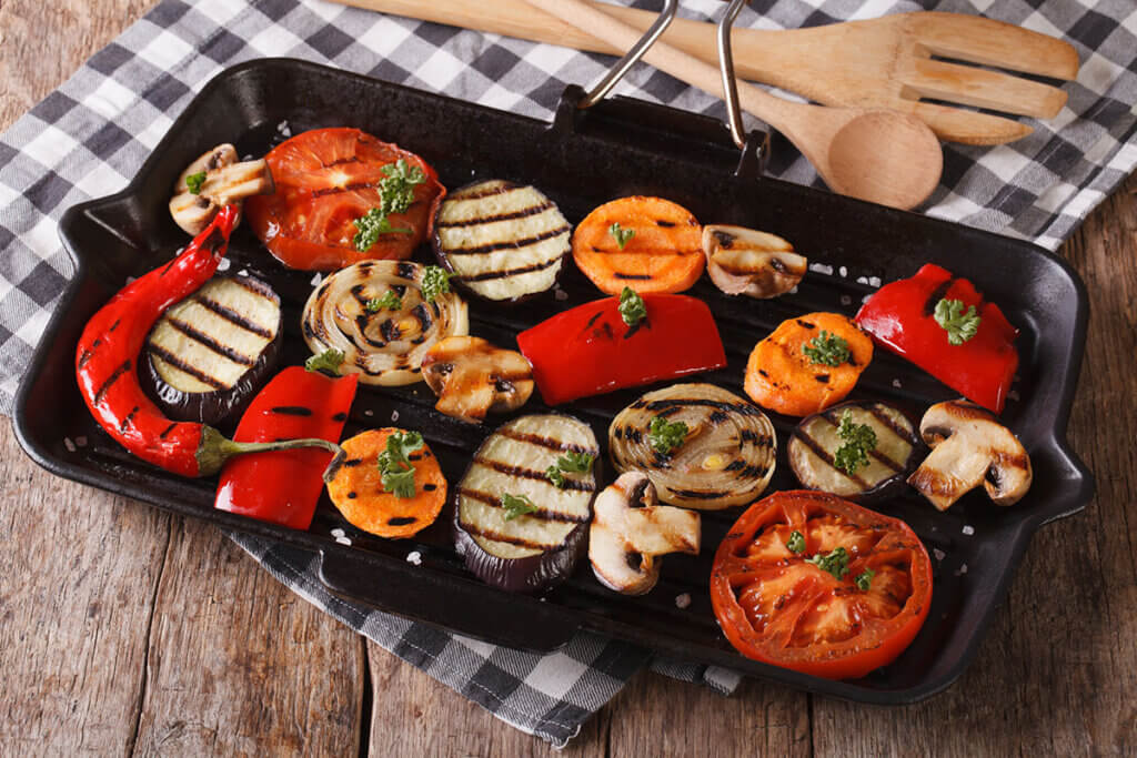 grilled vegetables in a grill pan