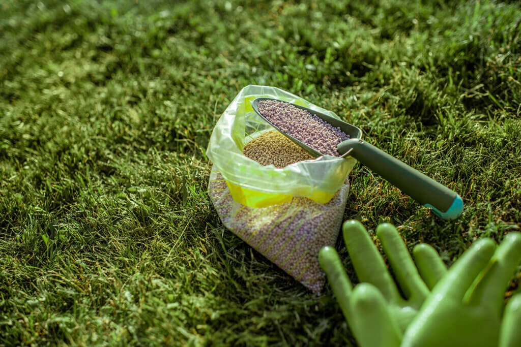 Lawn fertiliser in a bag