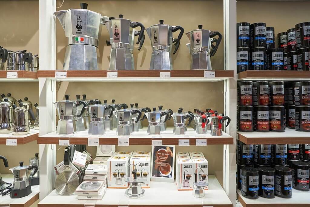 different moka pots on shelf