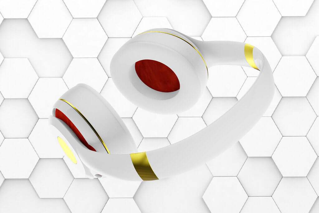 white red golden headphones