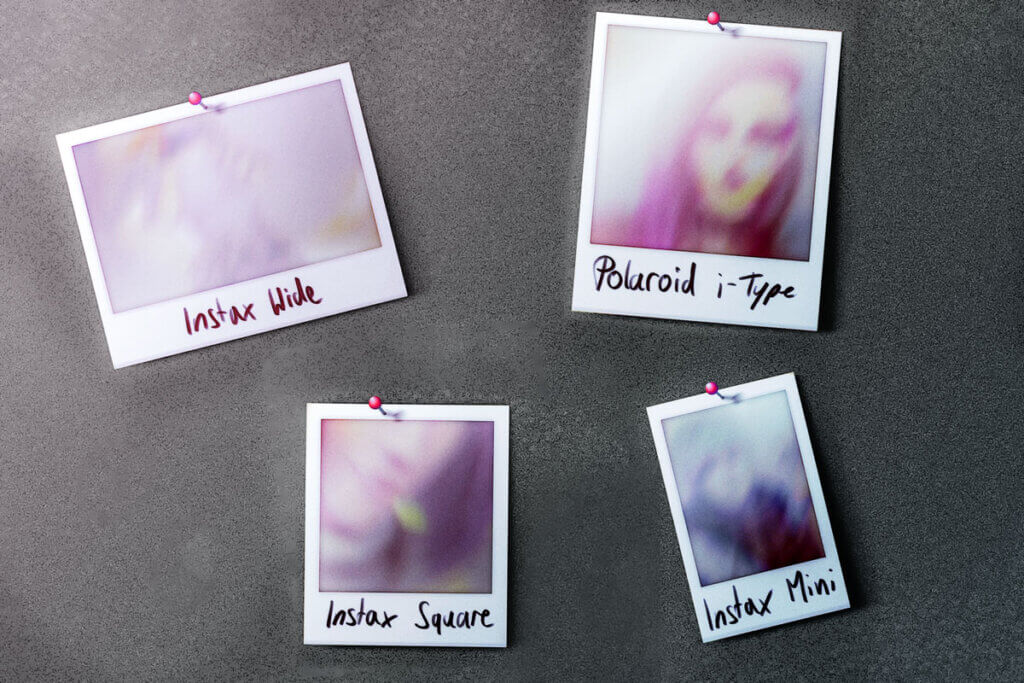 A graphic showing the different sizes of instant pictures: Instax Wide, Instax Square, Polaroid i-Type and Instax Mini.