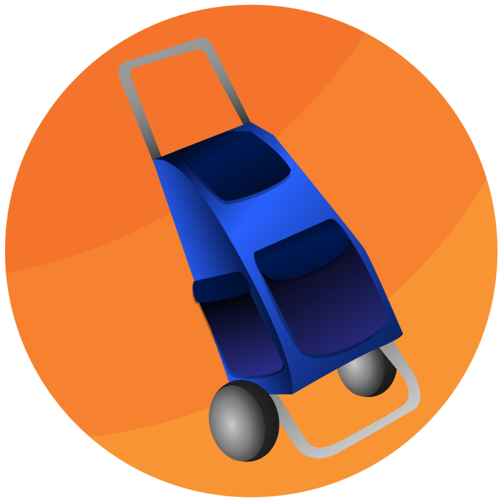 Graphic representation of a blue shopping trolley with many pockets